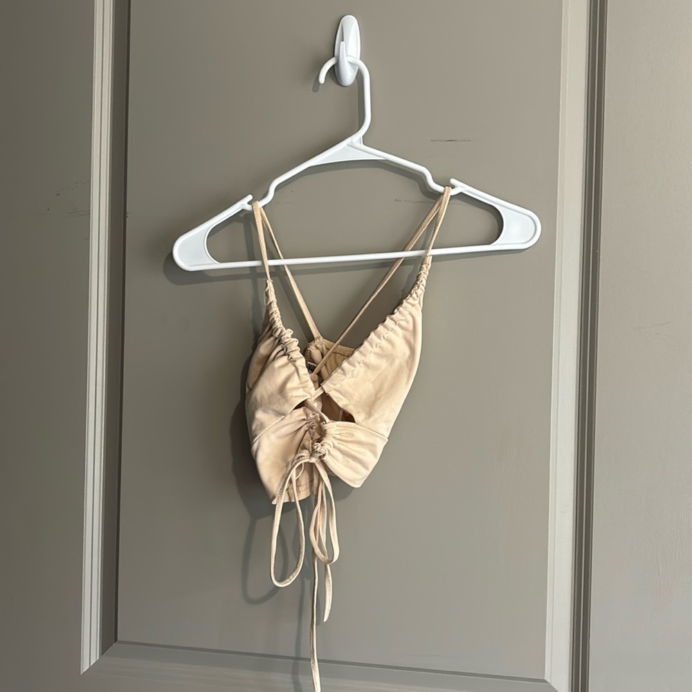 Princess Polly beige tie front crop tank